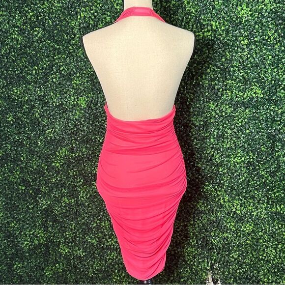 Guess Halter Ruched Hot Pink Barbie V Neck Dress Sz M - Picture 3 of 9